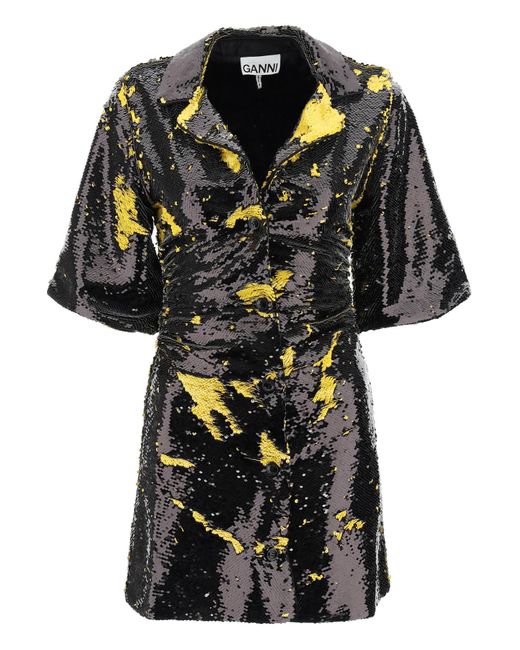 Ganni Black Bicolor Mini Sequined Dress