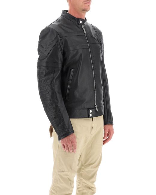 DSquared² Black Leather Biker Jacket With Contrasting Lettering for men