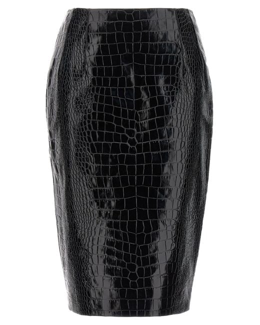 Versace Black Croco Effect Leather Pencil Skirt