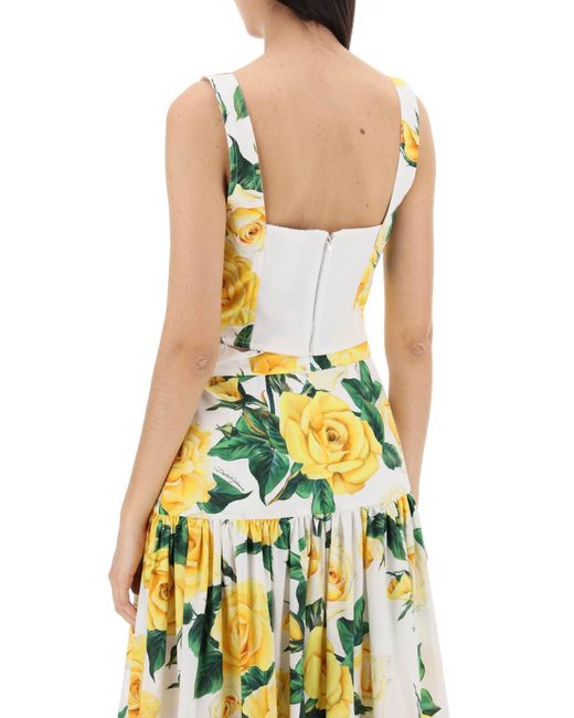 Dolce & Gabbana Yellow Cotton Bustier Top With Rose Print