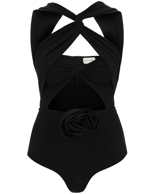Magda Butrym Black Cut-out Bodysuit With Rose Applique