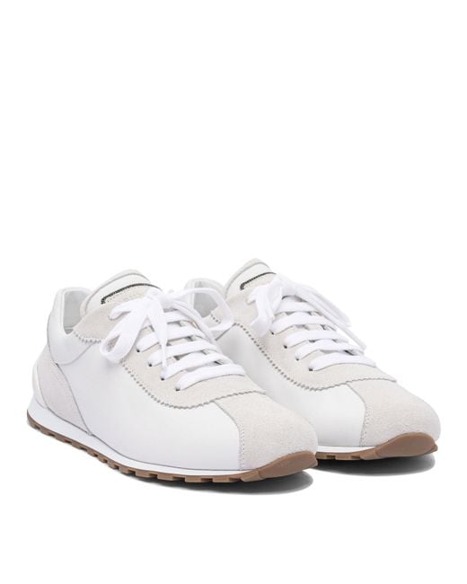 Brunello Cucinelli White Suede And Calf Leather "Runners" Sneaker With Jewel