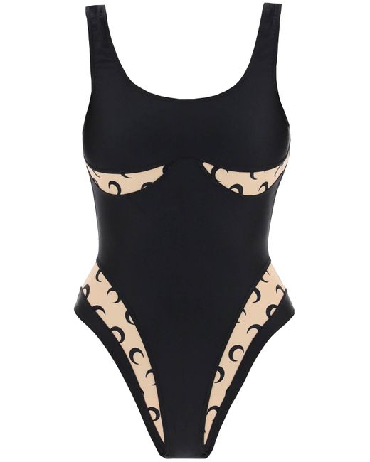 MARINE SERRE Black One-Piece Swimsuit With All Over Moon Inserts