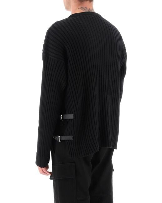 Versace Black Ribbed Knit Sweater With Leather Straps for men