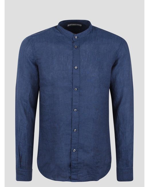 Brian Dales Blue Mandarin Collar Linen Shirt for men