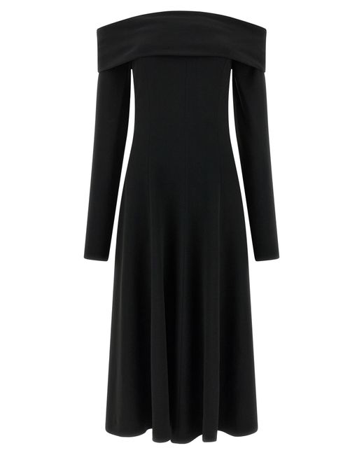 Alberta Ferretti Black Slightly Stretch Cady Midi Dress With Off-The-Shoulder Neckline
