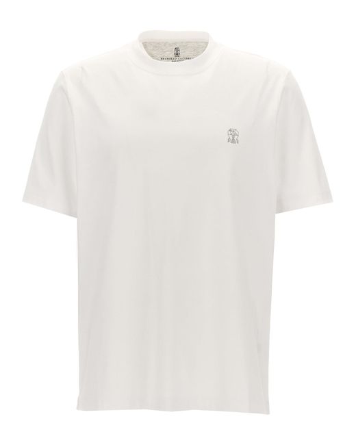 Brunello Cucinelli White Logo T-Shirt for men