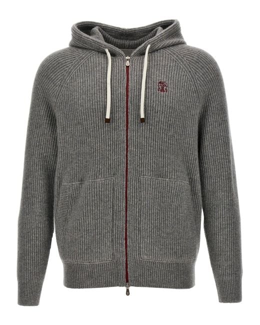 Brunello Cucinelli Gray Logo Embroidered Hooded Cardigan Sweater, Cardigans for men