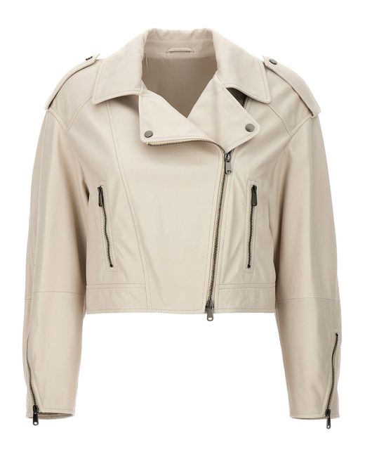 Brunello Cucinelli Leather Biker Jacket Casual Jackets in Natural | Lyst