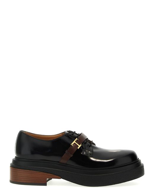 Tod's Black Derby Shoes In Brushed Leather With Strap