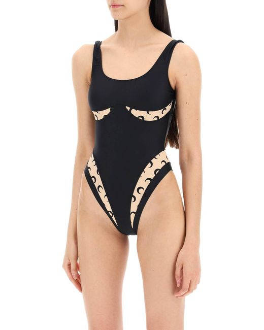 MARINE SERRE Black One-Piece Swimsuit With All Over Moon Inserts