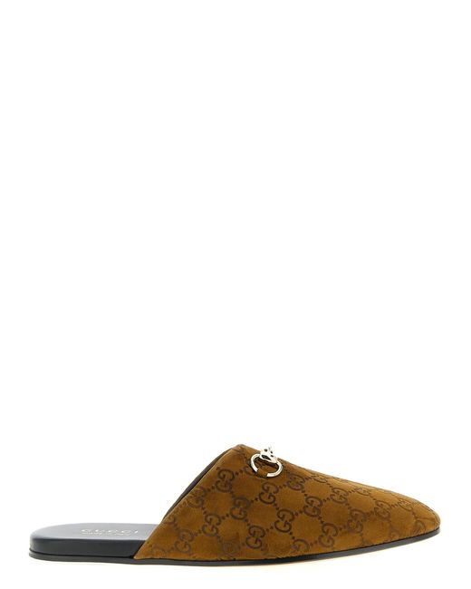 Gucci Brown Sabot Suede Horsebit Flat Shoes for men