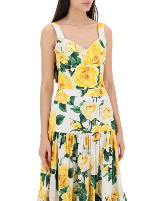 Dolce & Gabbana Yellow Cotton Bustier Top With Rose Print