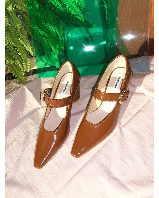 Reike Nen Leather |^|oblique Heel Turn-over Mary Jane Brown - Lyst