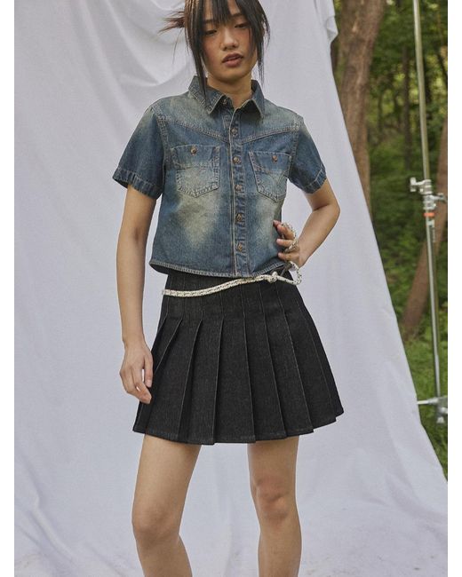 MAGOODGAN Jupes 7991 Non-fade Denim Pleated Mini Skirt in Black | Lyst UK