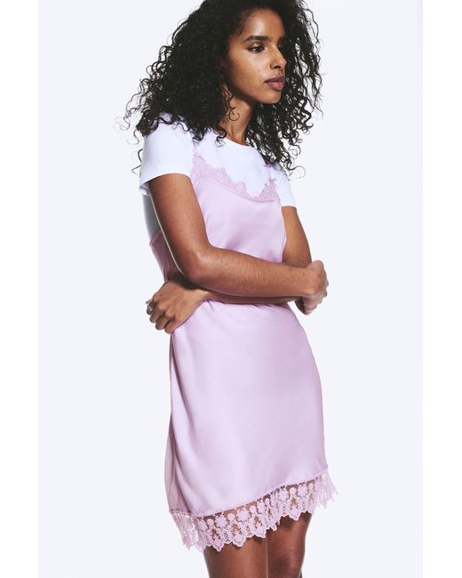 Monki Purple Satin Lace-Trim Slip-Dress