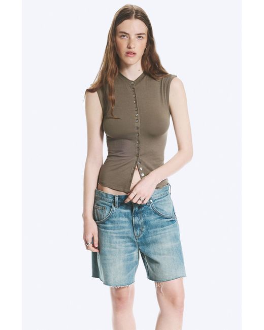 Weekday Blue Pearl Button Up Top