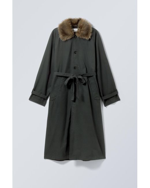 Weekday Black Oversized Trench Coat with Faux Fur Collar for men