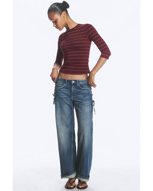 Monki Blue Round Neck Three-Quarter Sleeve Top