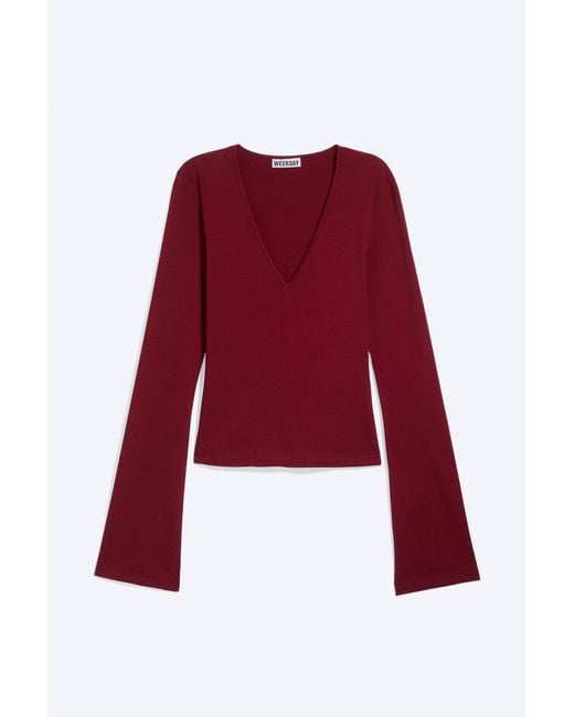 Weekday Red V-Neck Slim Long-Sleeved Top