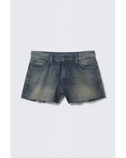 Weekday Blue Duchess Low Rise Distressed Mini Denim Shorts
