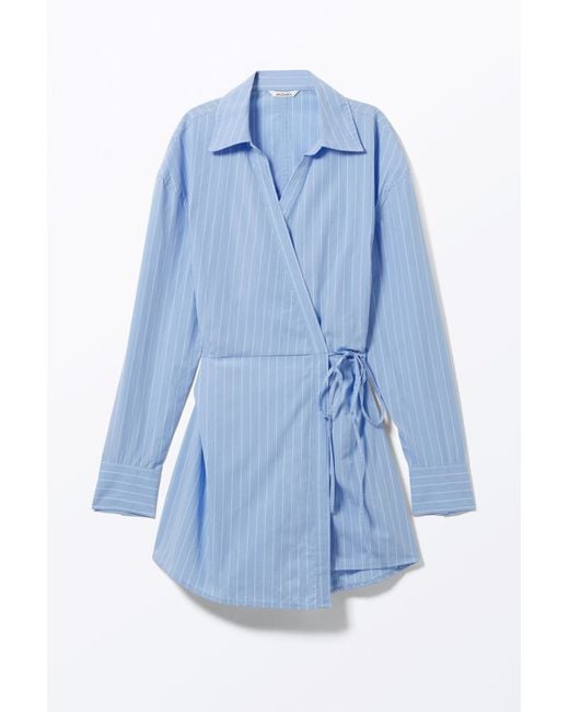 Monki Blue Long-Sleeved Mini Wrap Shirt Dress