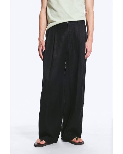 Weekday Black Nate Regular Waist Baggy Straight Linen Trousers for men