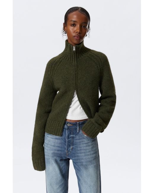 Weekday Green Soft Knitted Fitted Zip Cardigan