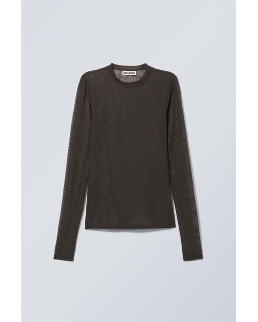 Weekday Black Rhinestone Long Sleeve Mesh Top
