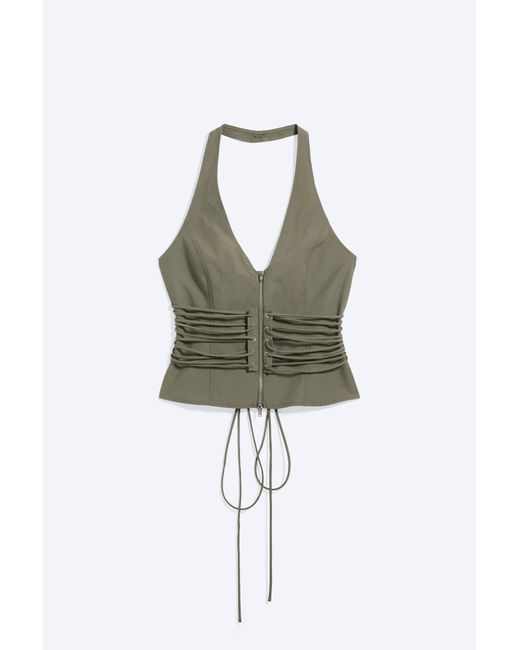 Weekday Green Tie Waist V-Neck Zip Halter Top