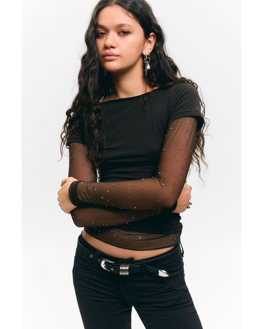 Mesh Rinestone Top Monki Rhinestone Mesh-Sleeve Top in Black | Lyst UK