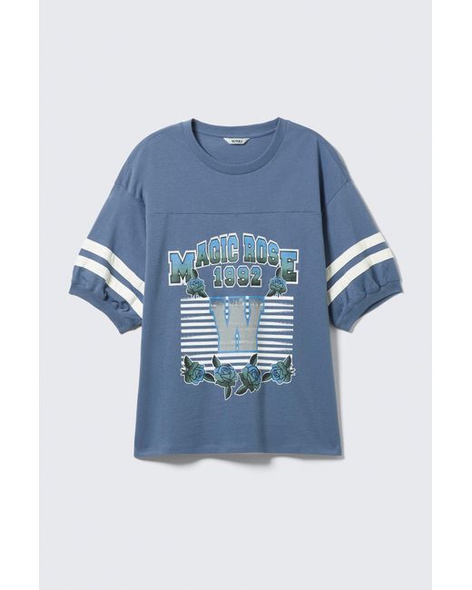 Monki Blue Graphic Short-Sleeved Varsity T-Shirt