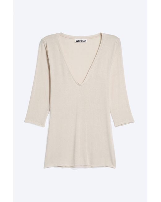 Weekday Blue Deep V-Neck Three-Quarter Sleeve Top