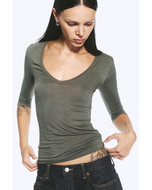 Weekday Green Deep V-Neck Three-Quarter Sleeve Top
