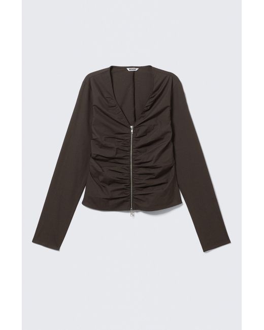 Weekday Black Gathered V-Neck Zip Top