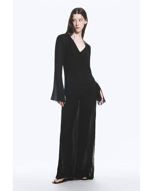 Weekday Black Sheer Long-Sleeved V-Neck Maxi Dress