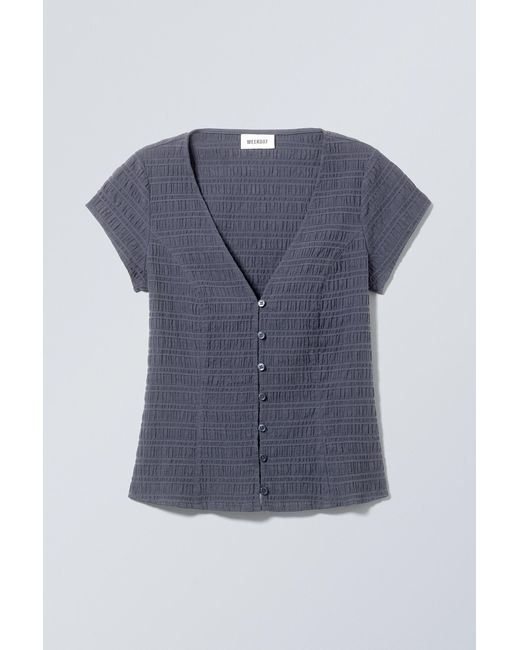 Weekday Blue Structured Short Sleeve Cotton Top