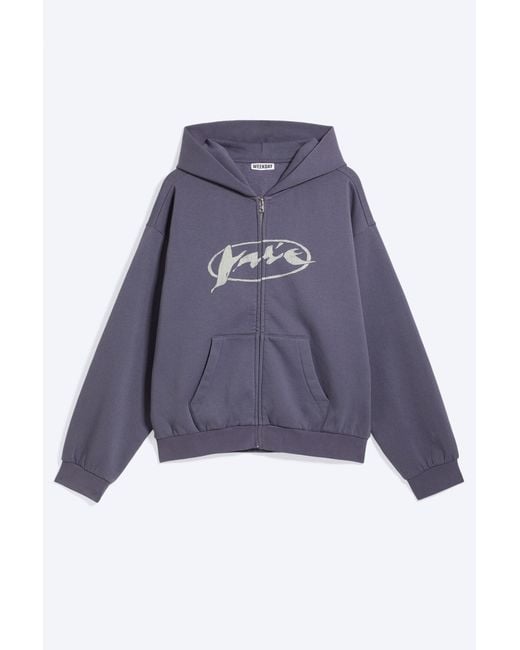 Weekday Blue Loose Graphic Zip Hoodie for men
