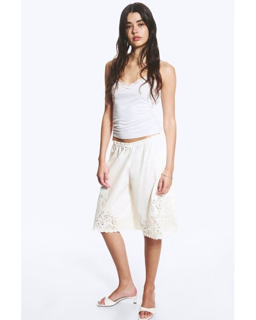 Monki White Embroidered Knee Length Cotton Shorts