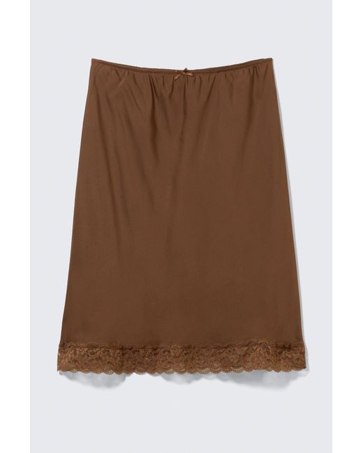 Monki Brown Satin Lace Midi Skirt