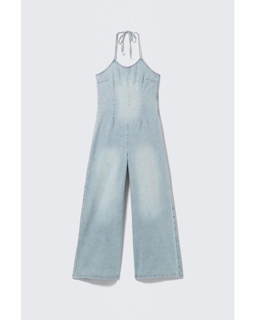 Monki Blue Halter Neck Denim Jumpsuit