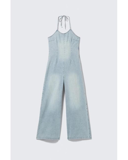 Monki Blue Neckholder-Jumpsuit Aus Denim