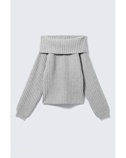 Monki Gray Off-Shoulder Ribbed Knitted Sweater