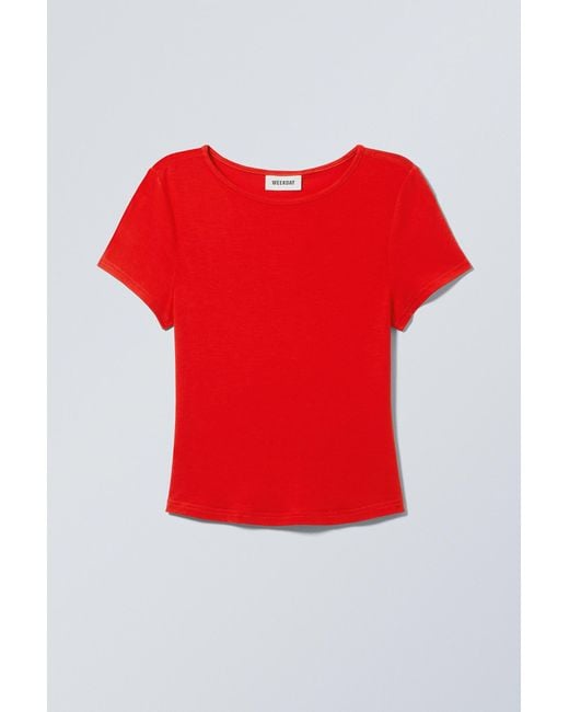 Weekday Red Curved Hem Fitted Modal T-shirt