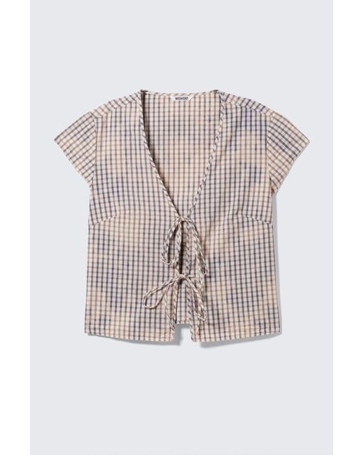 Weekday Blue Baumwollbluse Mit V-Ausschnitt Und Bindebändchen