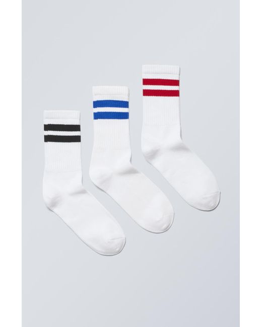 Weekday White Gestreifte Socken Eleven 3Er-Pack