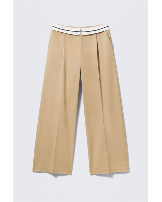 Monki Natural Low Rise Folded Waist Twill Trousers