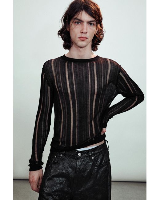 Weekday Black Slim Tear-Knit Long-Sleeved T-Shirt