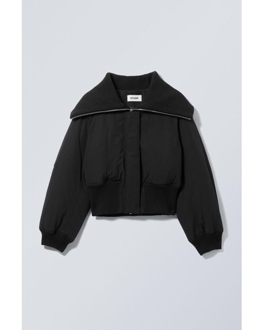 Weekday Black Cropped Rib Funnel Neck Bomber Jacket