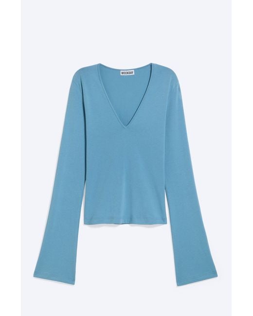 Weekday Blue V-Neck Slim Long-Sleeved Top